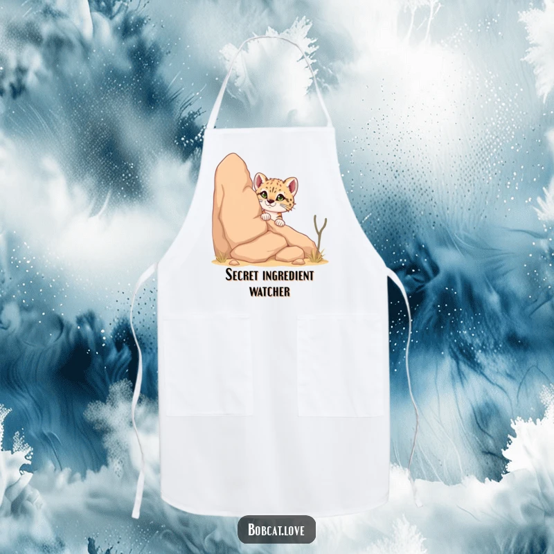 Funny Bobcat Apron: A curious bobcat humorously peeking from behind a desert rock, adding a playful and practical touch for kitchen enthusiasts.