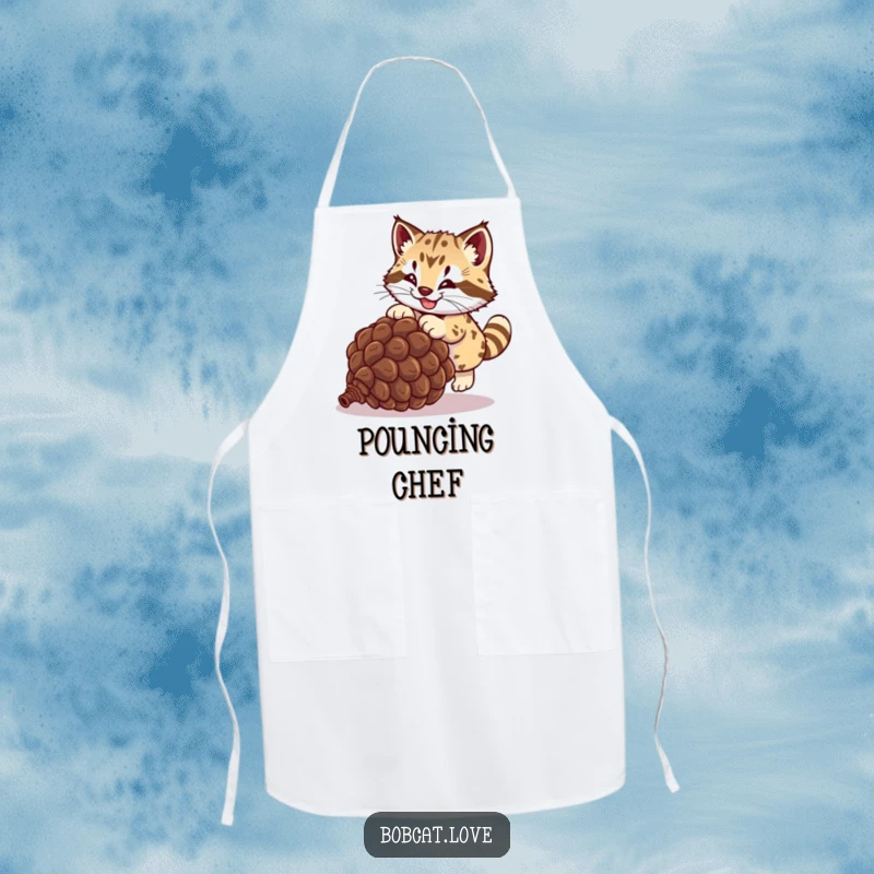Funny bobcat apron, a happy wild cat leaping to catch a rolling pinecone, a humorous kitchen accessory for cooking and baking fun.