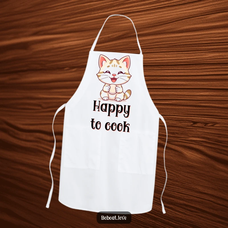Funny bobcat with a huge, happy grin, delightedly holding a small ball, printed on a functional kitchen apron.