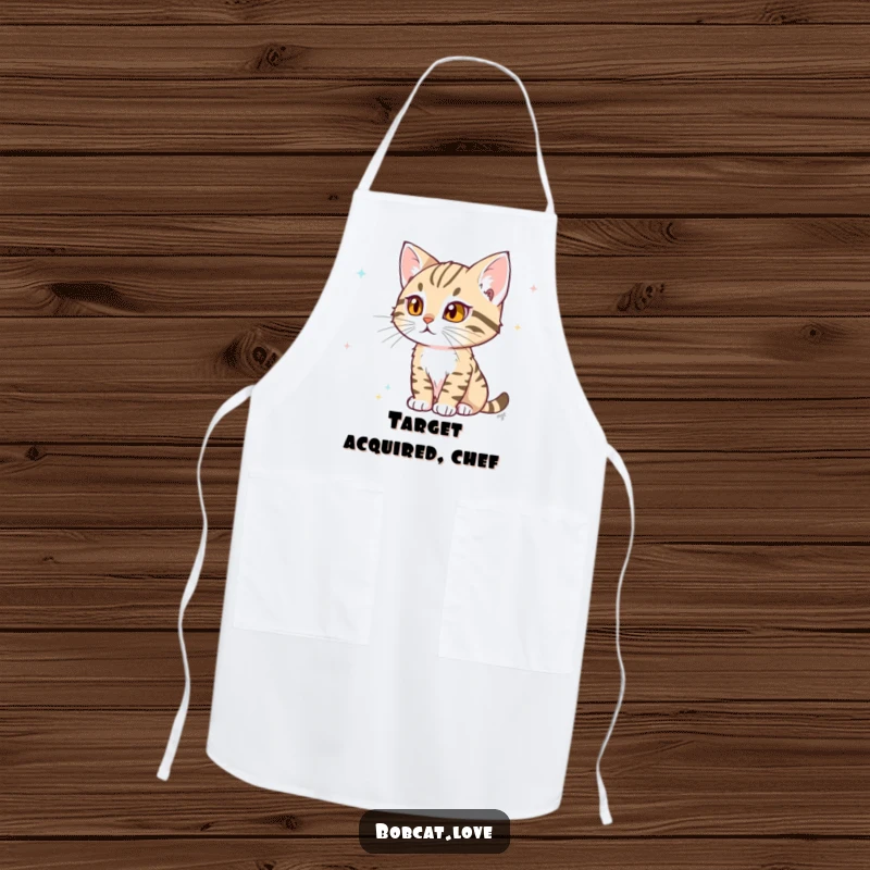 Funny Bobcat Apron: A determined bobcat humorously watching a distant flicker of movement, ideal for chefs who command focus in the kitchen.