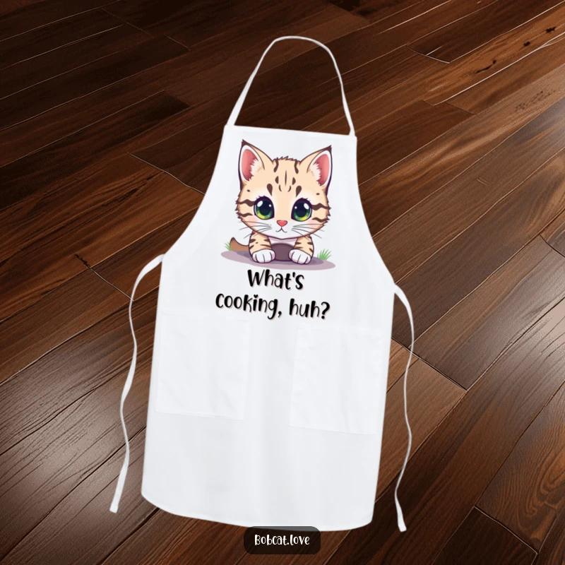 Funny bobcat with big, bright eyes peering inquisitively into a small hole, printed on a functional kitchen apron.