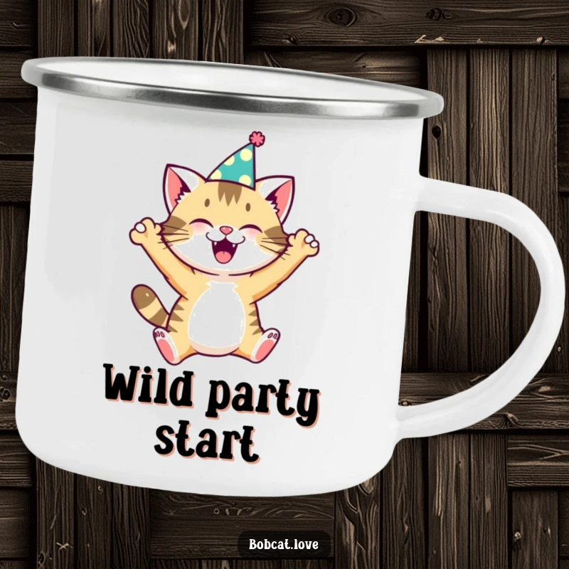 Funny bobcat in a miniature party hat, mid-leap with excitement, designed on a durable enamel camping mug.