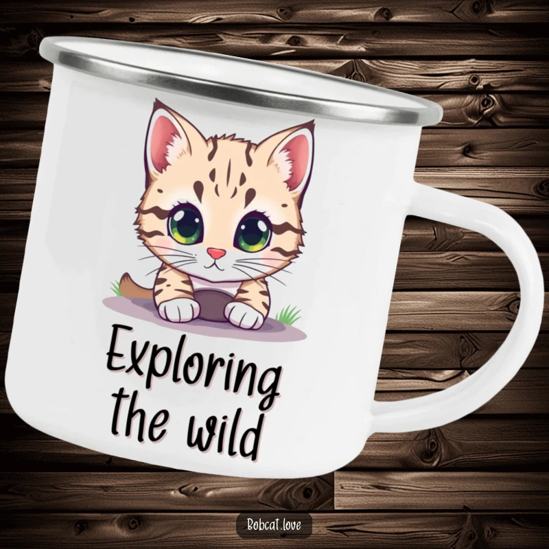 Funny bobcat with large, bright eyes peeking into a small hole, designed on a durable enamel camping mug.