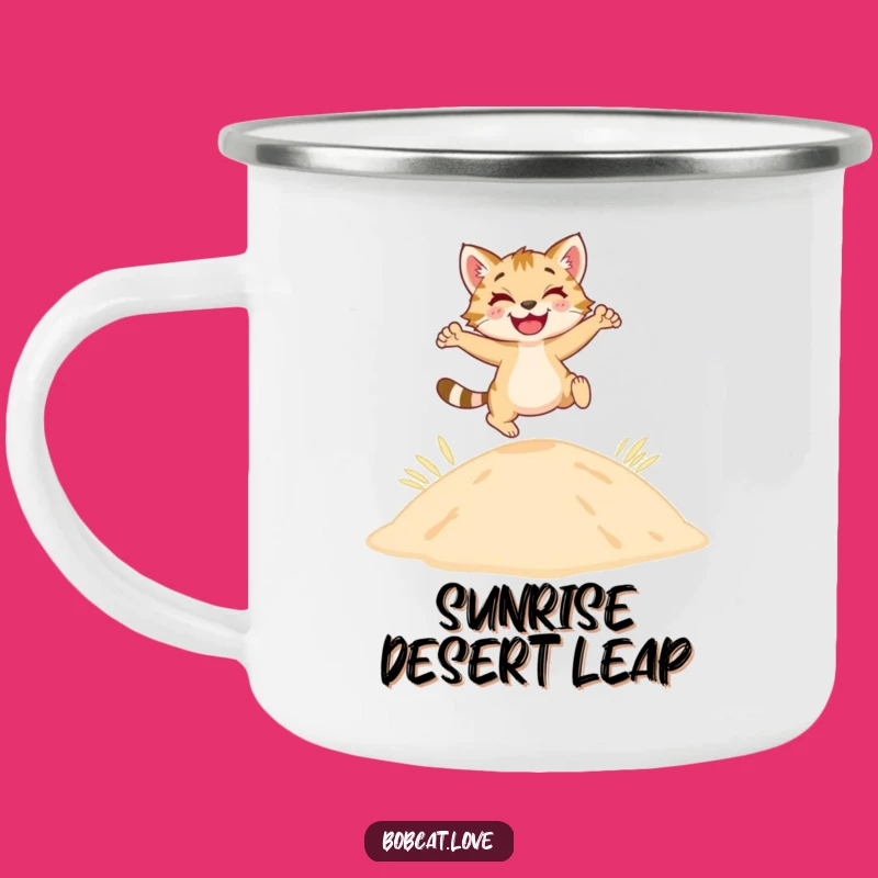 Funny Bobcat Dune Camping Mug: Durable Mug with Leaping Feline, Great Desert Funny Gift