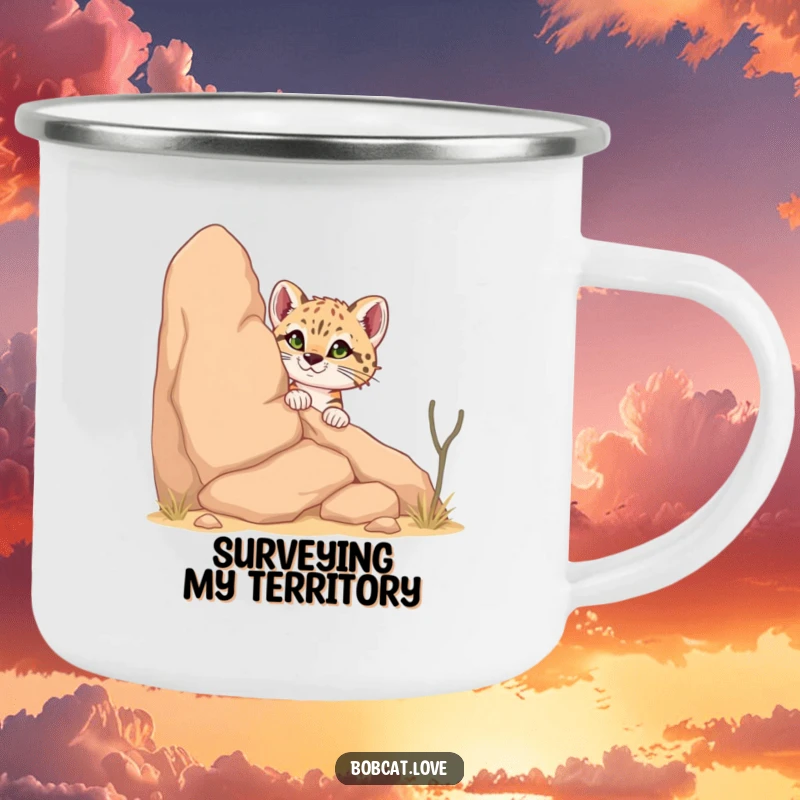 Funny Bobcat Camping Mug: A curious bobcat peeking from behind a desert rock, ideal for outdoor enthusiasts who appreciate rugged humor and wildlife.