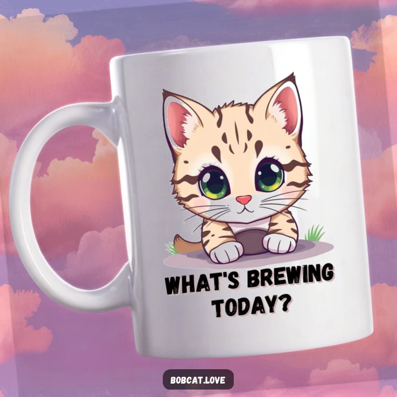 Funny bobcat with large, bright eyes peeking intensely into a small hole, featured on a delightful ceramic mug.