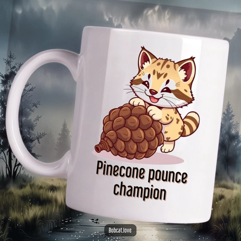 Funny bobcat mug, a joyous wild cat leaping energetically to catch a rolling pinecone, full of playful mischief and wild fun.