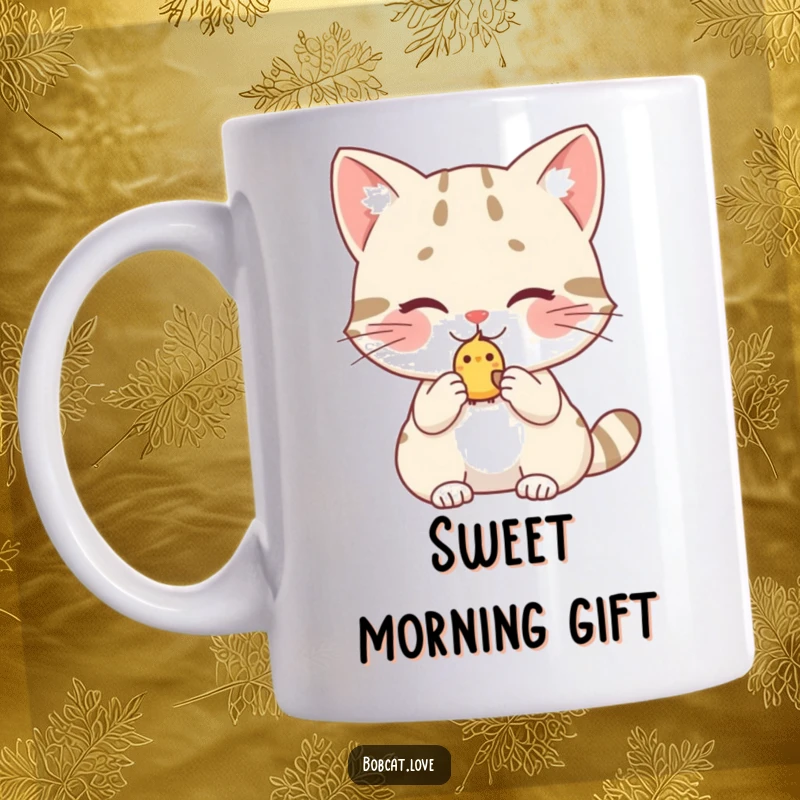Funny bobcat mug, a blushing wild cat gently offering a small birdy, conveying sweetness, innocence, and heartwarming, humorous generosity.