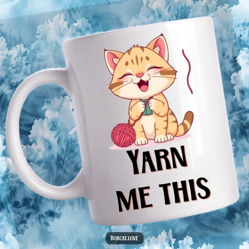 Funny bobcat mug, a happy cat giggling while playfully batting at a dangling yarn ball, showcasing pure feline amusement and fun.