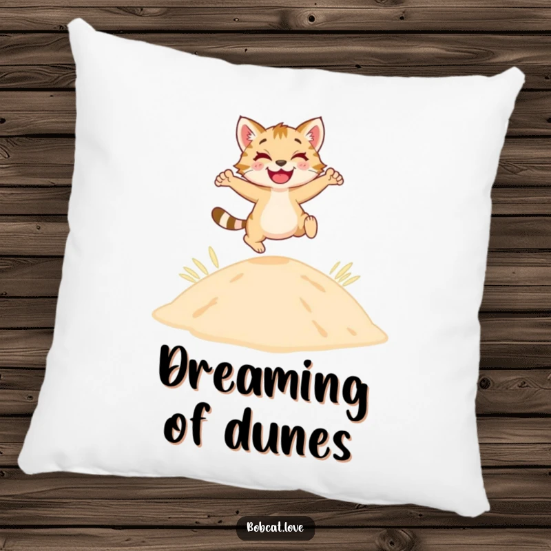 A soft, plush pillow featuring a happy bobcat leaping joyfully over a sandy dune.