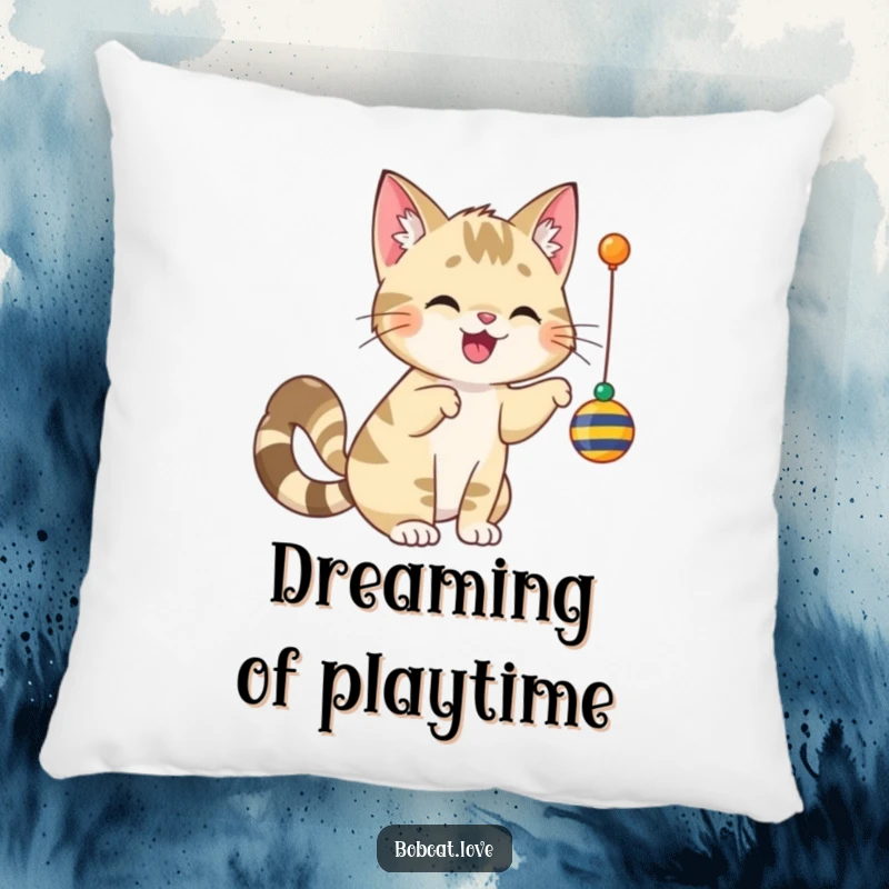 Funny bobcat with a happy, wagging tail, playfully batting a dangling toy, featured on a plush and decorative pillow.