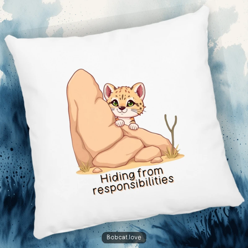 Funny Bobcat Pillow: A curious bobcat peeking from behind a desert rock, offering comfort and a touch of desert humor to any living space.