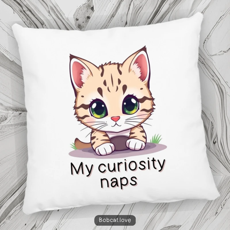 Funny bobcat with huge, bright eyes peering into a small hole, featured on a plush and decorative pillow.