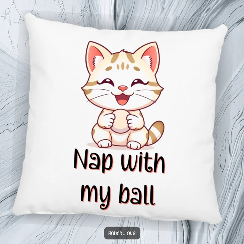 Funny bobcat with a wide, happy grin, delightedly holding a small ball, featured on a plush and decorative pillow.