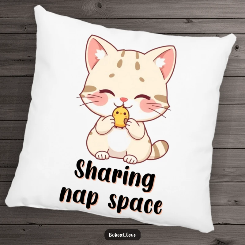 Funny bobcat pillow, a blushing cat offering a little bird, providing soft, humorous, and heartwarming decorative comfort.