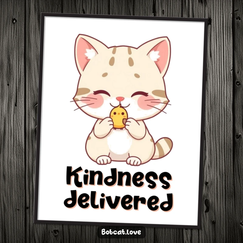 Funny bobcat digital art print, a blushing wild cat offering a small bird, high-resolution humorous artwork for instant download.