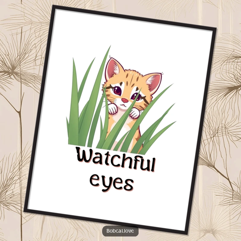 Funny curious bobcat digital art print peeking over grass, ready for instant download.