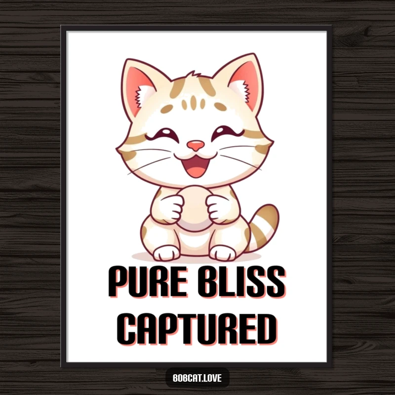 Funny bobcat with a huge, happy grin, delightedly holding a small ball, as a high-resolution digital art print.