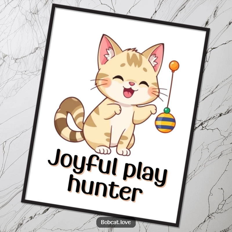 Funny bobcat with a wagging tail, playfully batting a dangling toy, as a high-resolution digital art print.