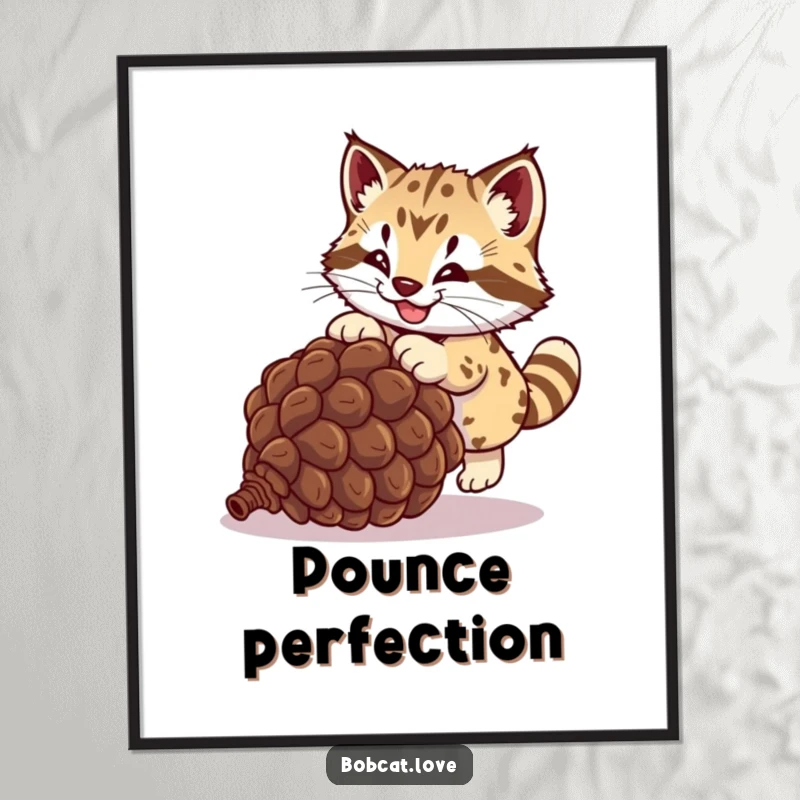 Funny bobcat digital art print, a wild cat leaping energetically for a rolling pinecone, high-resolution humorous artwork for instant download.