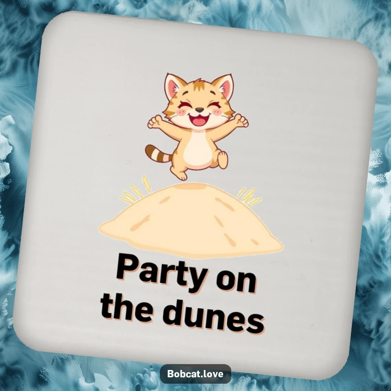 A happy bobcat joyfully leaping over a sandy dune is on a protective and charming drink coaster.