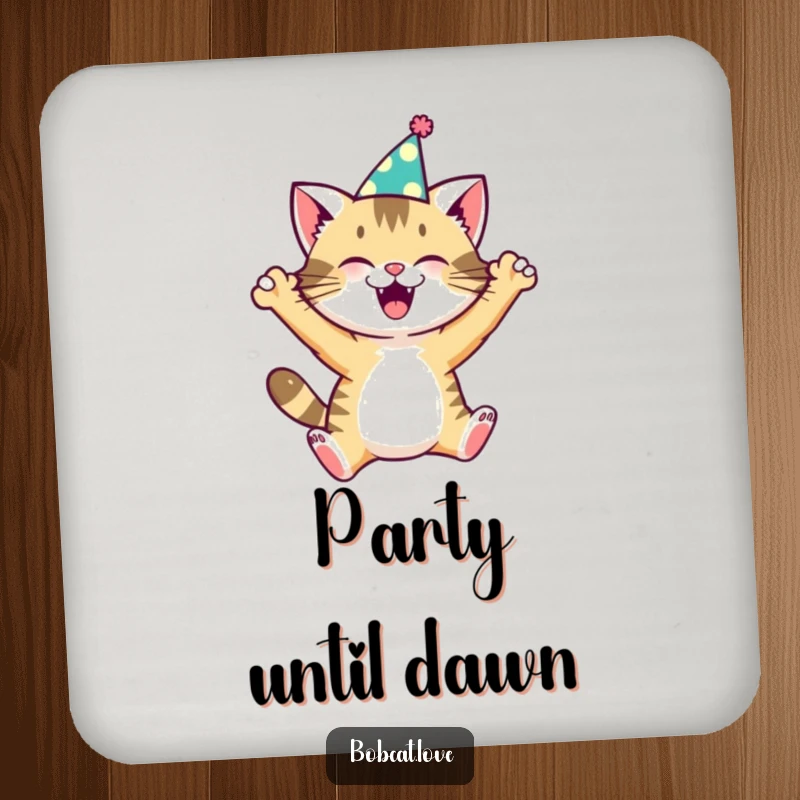 Set of coasters featuring a funny bobcat in a party hat, leaping with joy, perfect for protecting furniture amusingly.