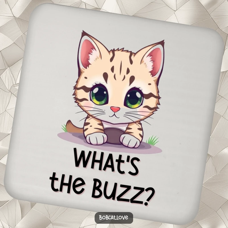 Set of coasters featuring a funny bobcat with wide, bright eyes peering into a small hole, perfect for tables.