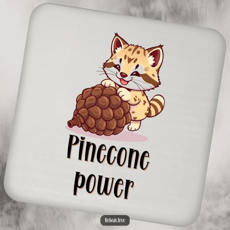 Funny bobcat coaster, a cute wild cat playfully pouncing on a rolling pinecone, adding humorous flair to drink protection.