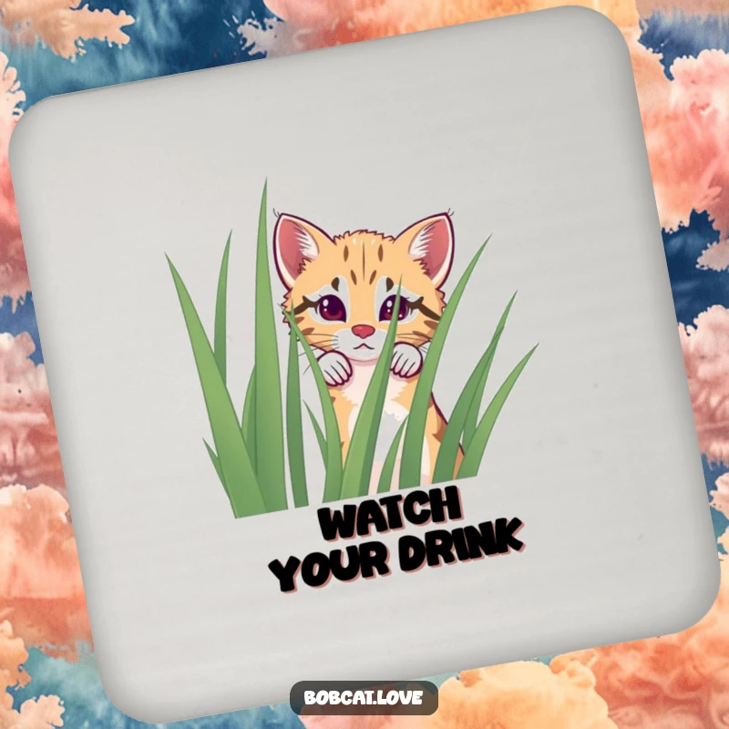 Funny curious bobcat coaster peeking over grass, protecting surfaces with humor and charm.