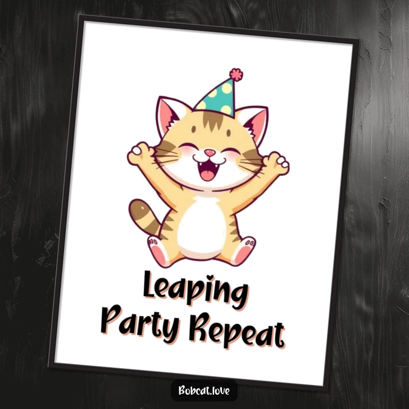 Funny bobcat in a tiny party hat, captured in an ecstatic leap, creating a vibrant and humorous poster print.