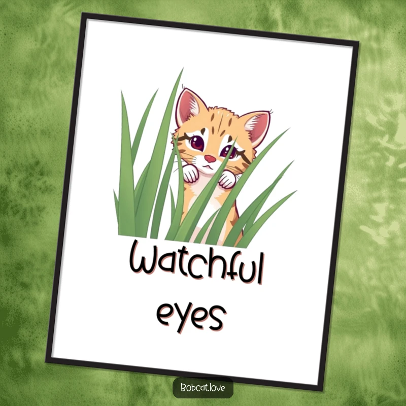Funny curious bobcat poster peeking from behind grass, adding a touch of adorable wildlife.