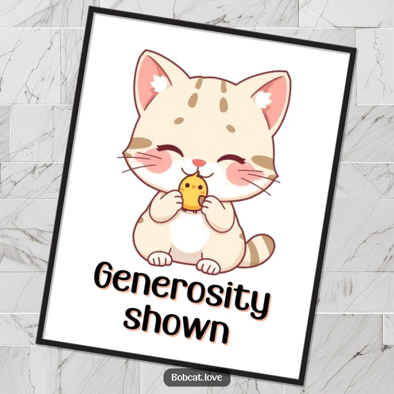 Funny bobcat poster, a blushing wild cat offering a small bird, a heartwarming piece of humorous art that celebrates kindness.