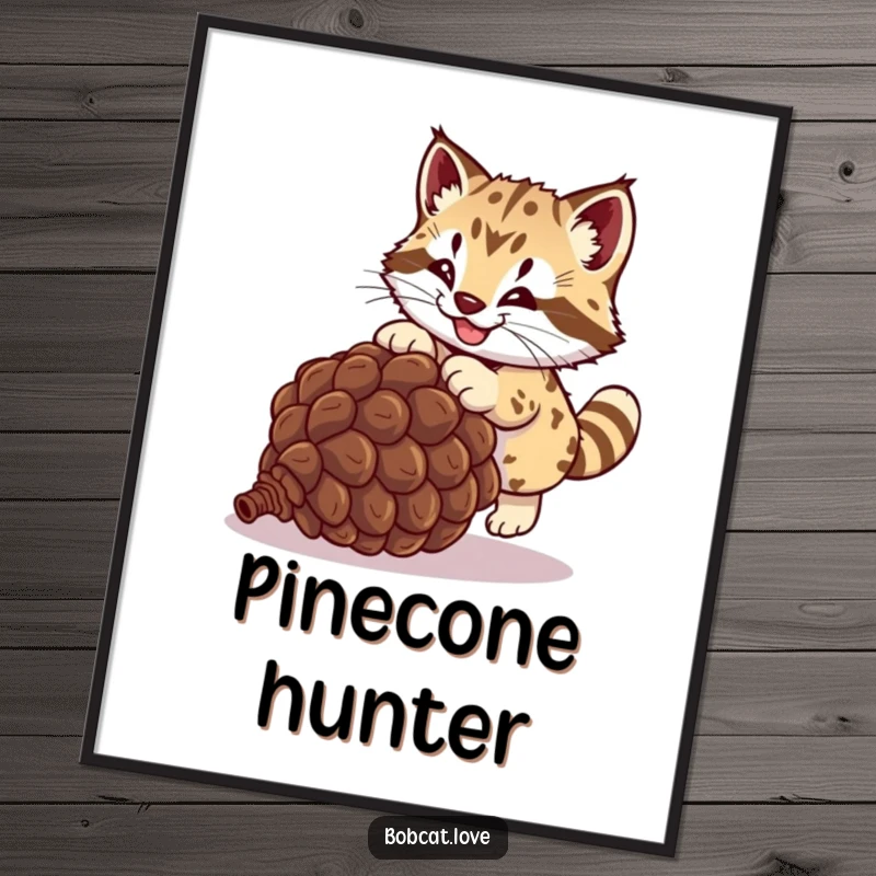 Funny bobcat poster, a joyful wild cat leaping with excitement to catch a rolling pinecone, a captivating piece of humorous wildlife art.