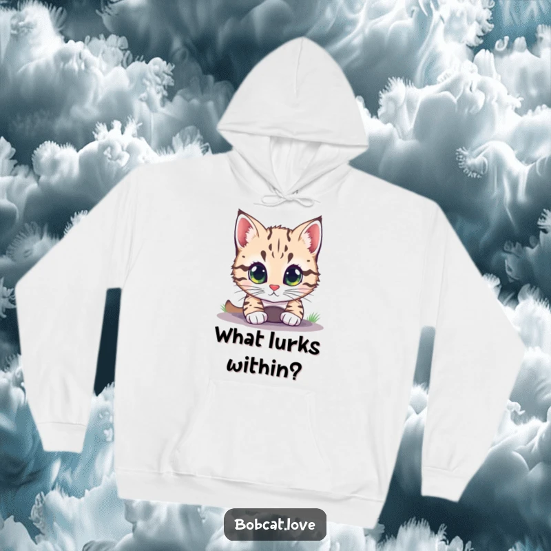 Funny bobcat with big, bright eyes peering intently into a small opening, featured on a cozy hoodie.