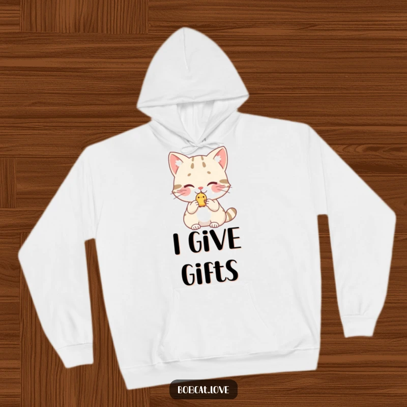 Funny bobcat hoodie, a blushing wild cat offering a small bird, radiating sweet, humorous, and heartwarming generosity and care.