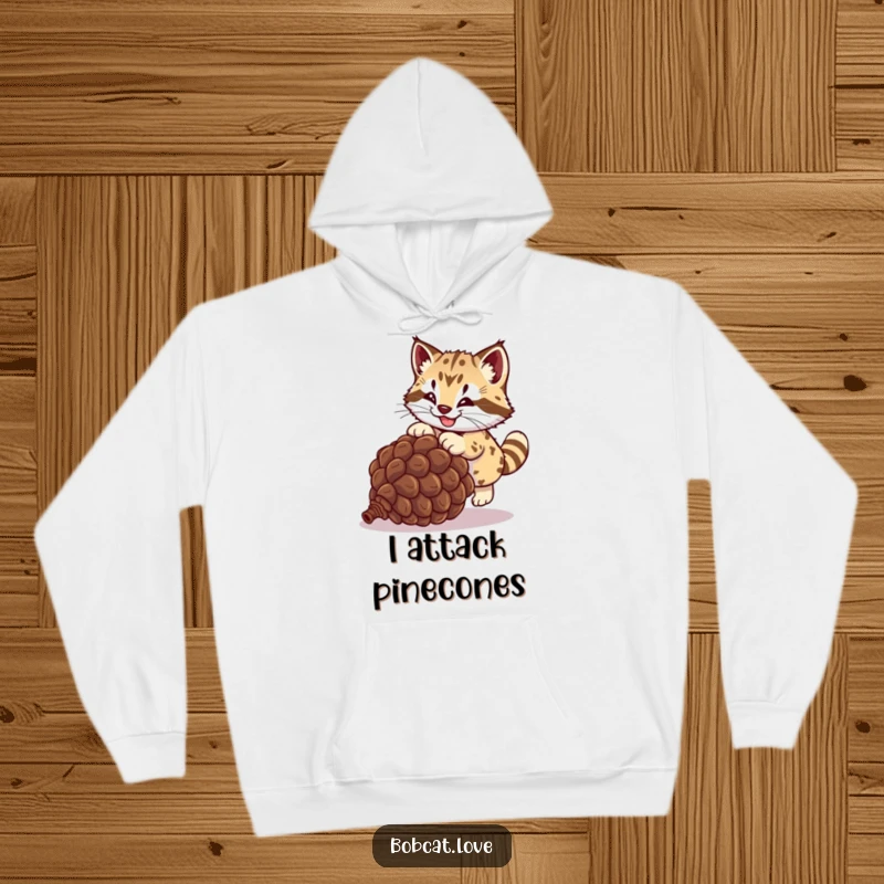 Funny bobcat hoodie, a cheerful wild cat leaping after a rolling pinecone, capturing a moment of pure, unadulterated, comical delight.