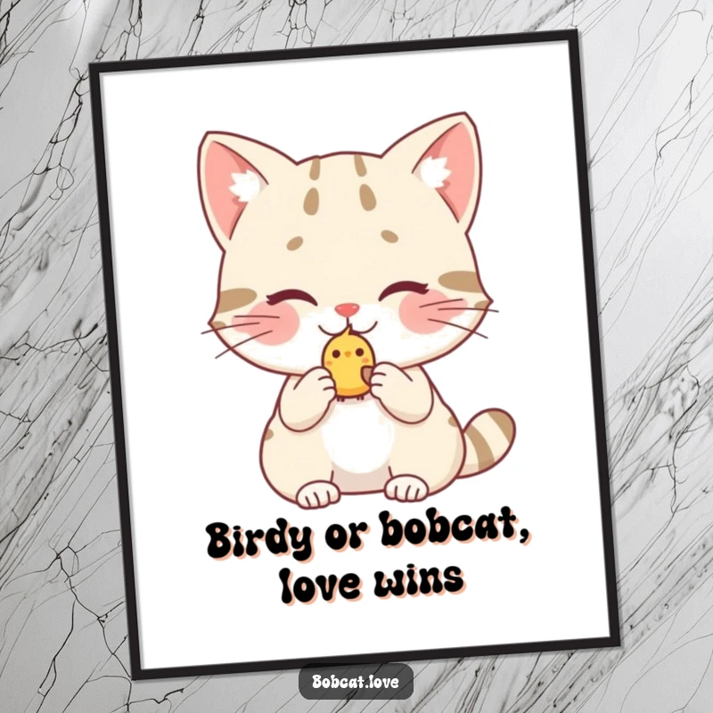 Funny Free Printable Wall Art: A shy bobcat with a blush on its cheeks holds out a tiny, sweet birdy.