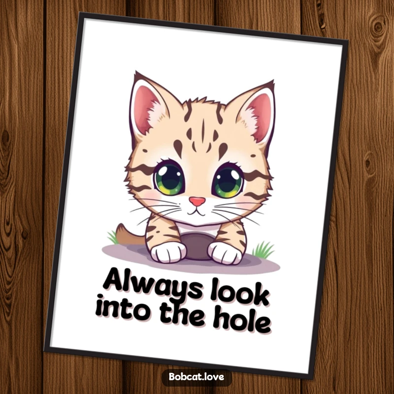 Funny Free Printable Wall Art: An intensely curious bobcat with wide, bright eyes, peering with fascination into a small, intriguing hole.