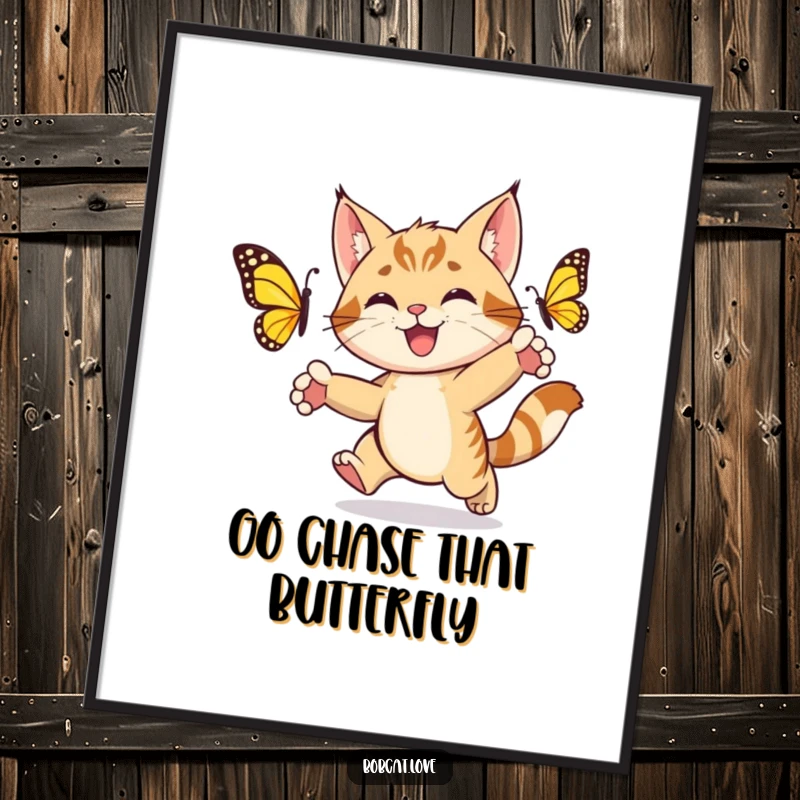 Funny Free Printable Wall Art: A highly energetic bobcat with paws outstretched, playfully chasing a vibrant, colorful butterfly through the air.