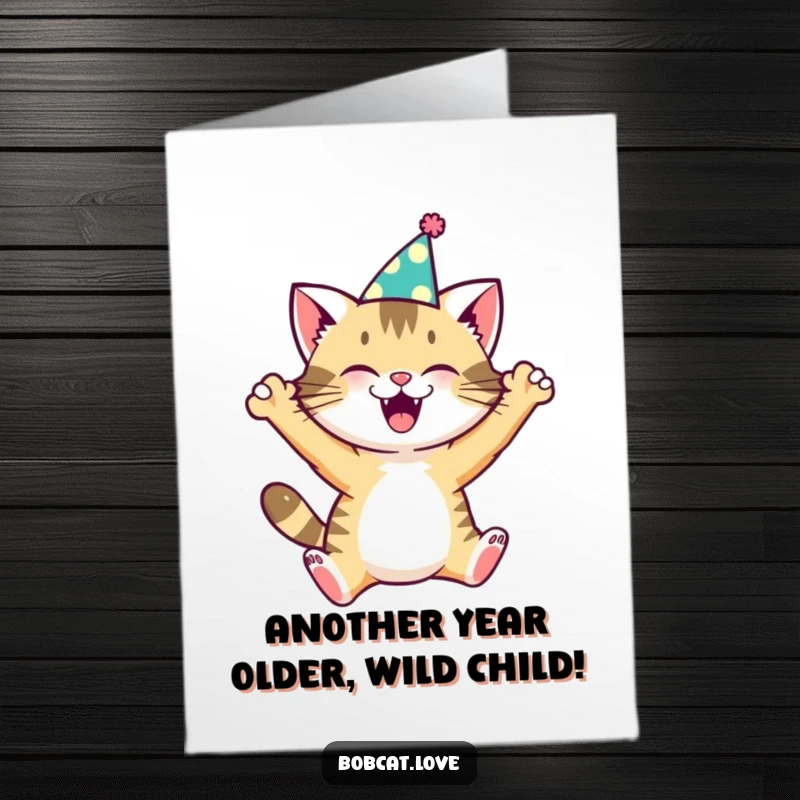 Funny Free Printable Birthday Card: Excited Bobcat wearing a party hat, mid-leap, ready to celebrate with wild energy.