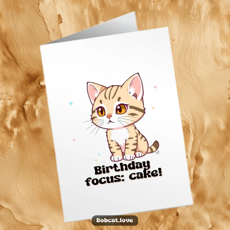 Funny Free Printable Bobcat Birthday Card: Determined bobcat intently watching a distant flicker, ready to pounce with birthday wishes.