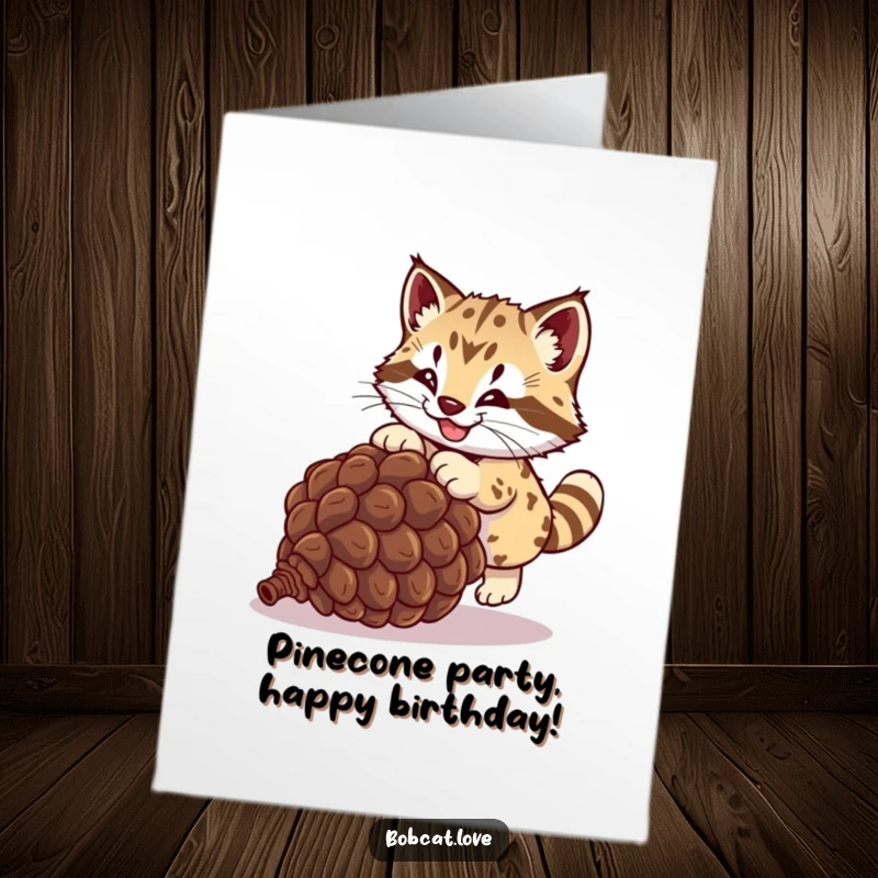 Funny Free Printable Birthday Card: A playful bobcat leaps joyfully after a rolling pinecone, ready to pounce on birthday fun.