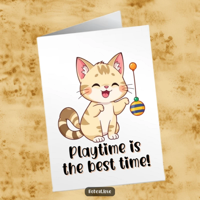 Funny Free Printable Birthday Card: A cheerful bobcat with a wagging tail, joyfully batting at a dangling toy, celebrating with playfulness.