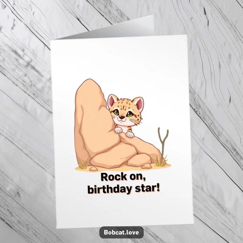 Funny Free Printable Bobcat Birthday Card: Curious bobcat with big eyes peeking from behind a desert rock, ready to surprise.