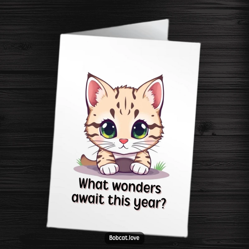 Funny Free Printable Birthday Card: A curious bobcat with wide eyes, peeking intently into a mysterious small hole, full of wonder.