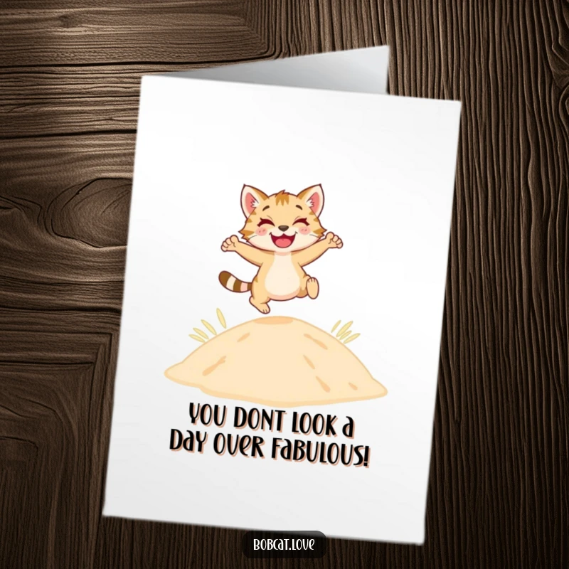 Funny Free Printable Birthday Card: A happy bobcat leaps joyfully over a sandy dune, celebrating with wild energy.