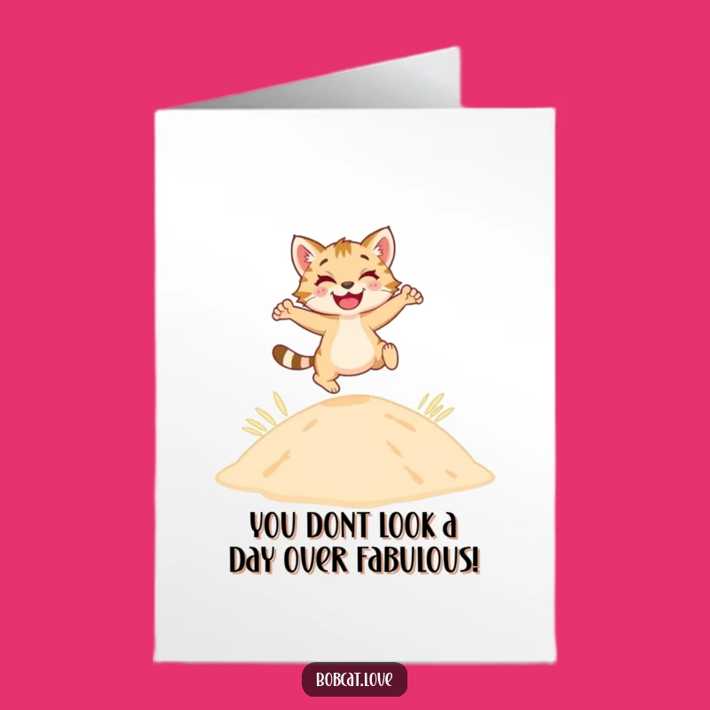 Free Printable Birthday Card: Leaping Bobcat Over Dune, Funny Desert Celebration Downloadable Gift