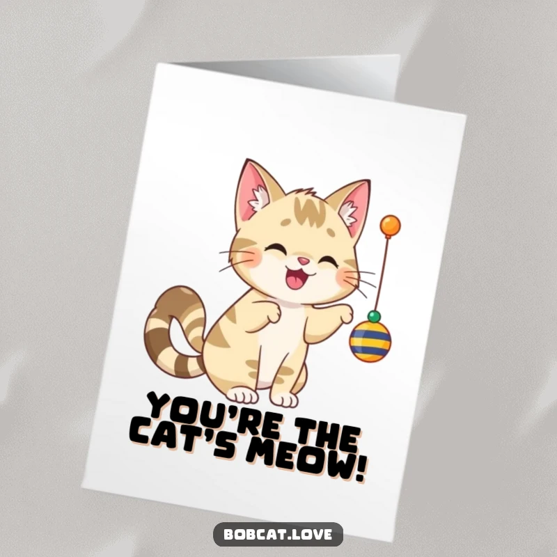 Funny Free Printable Congratulations Card: A delighted bobcat with a wagging tail, playfully swatting at a toy, celebrating success with joy.