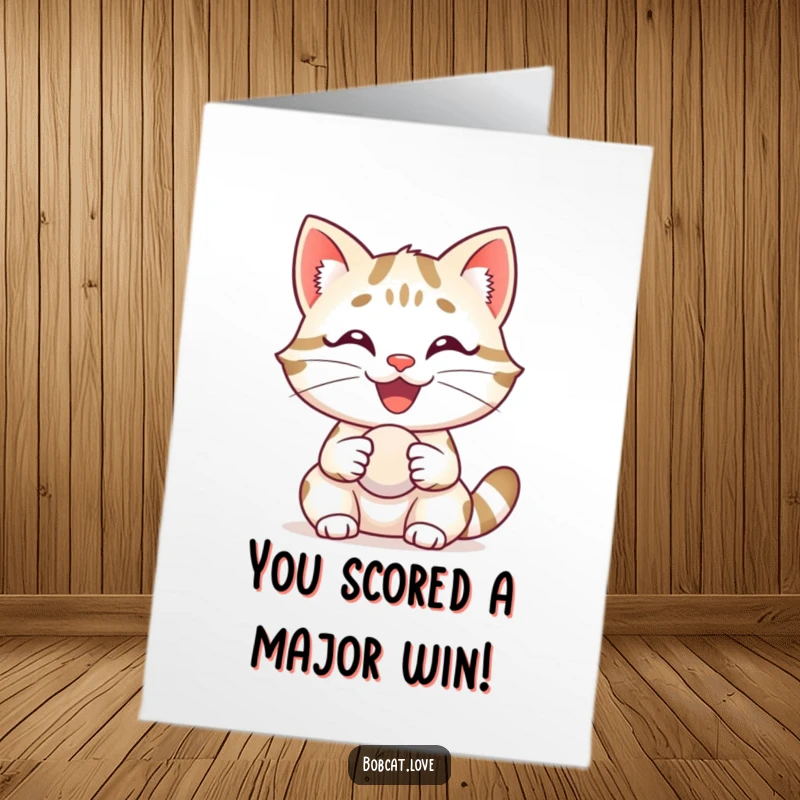 Funny Free Printable Congratulations Card: A delighted bobcat with a wide grin, happily holding a small ball, celebrating good news.