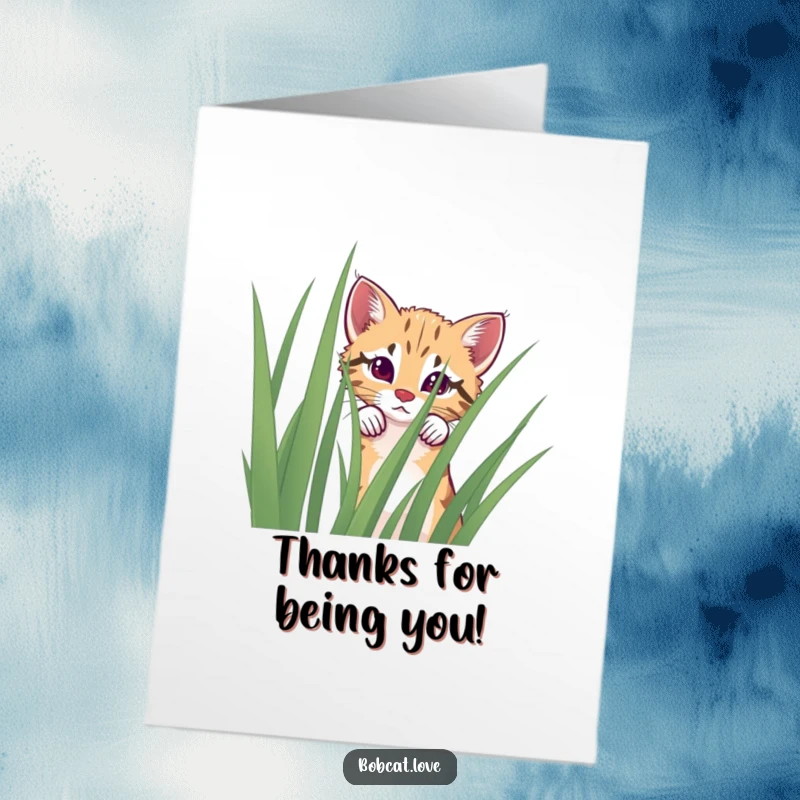 Funny free printable thank you card with a curious bobcat peeking over a tall blade of grass, expressing thanks discreetly.
